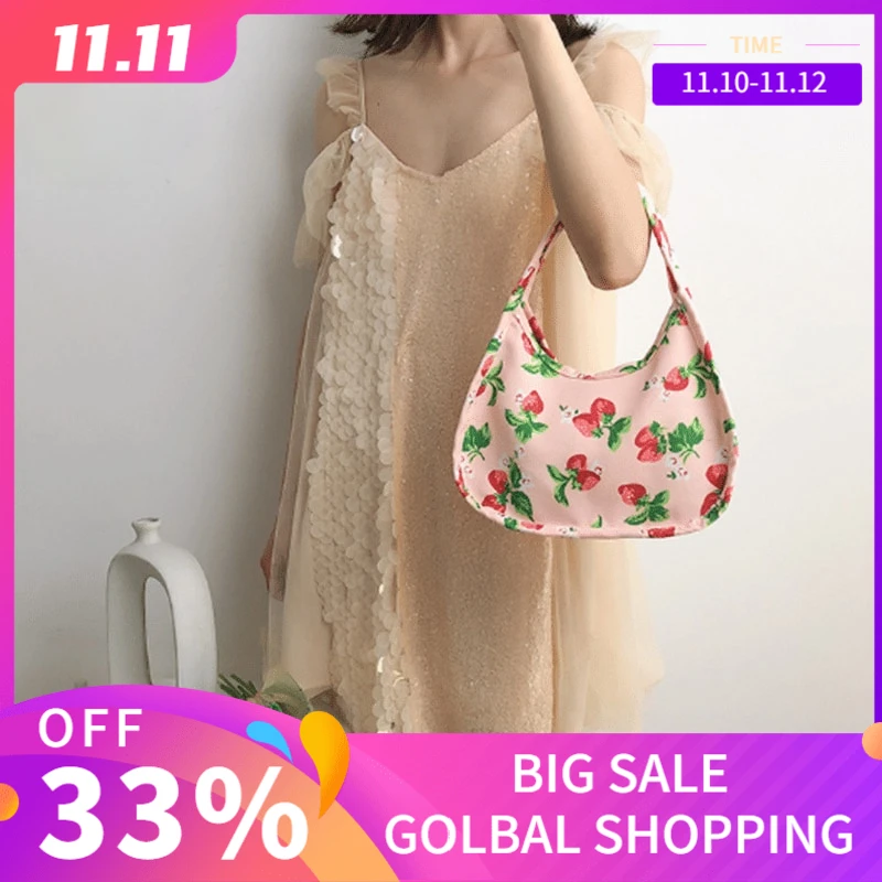 

GOPLUS New handbag Cute Small Strawberry Compact One-shoulder Canvas Armpit Versatile Mobile Phone Handbag