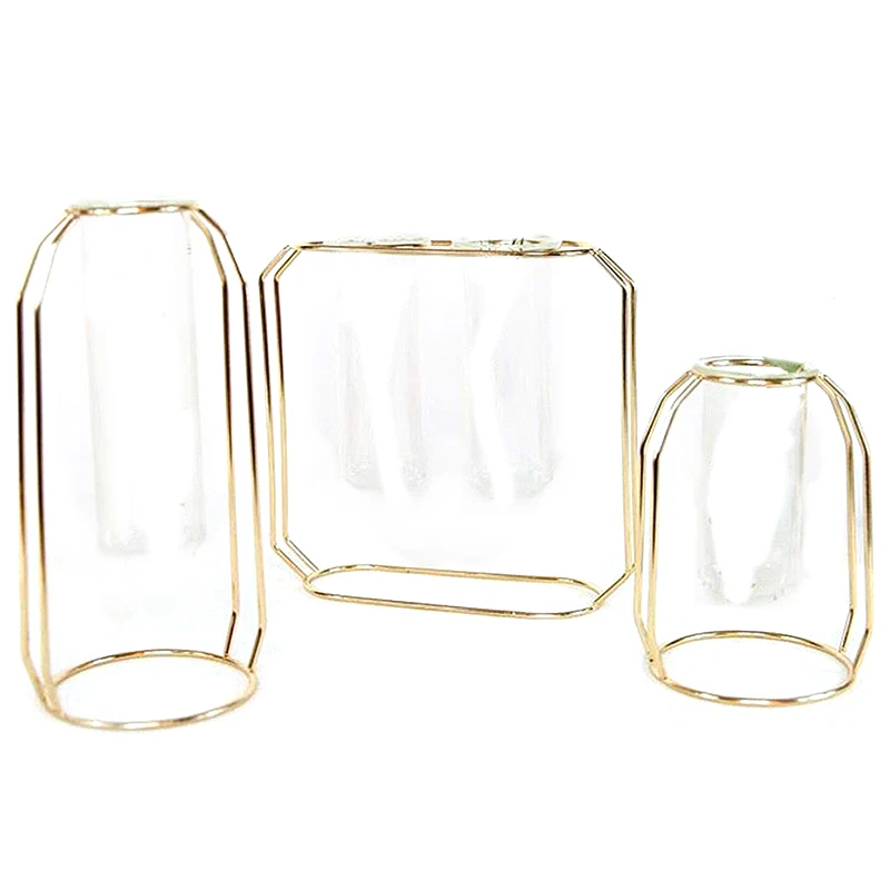 Practical 3Pcs Metal Vase Frame Geometry Flowerpot Central Decorative Vase Suitable for Desktop Office Home Decoration