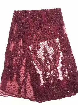 

New Arrival Sequins African Lace Fabric 5 Yards wine red Nigerian Milk Silk Lace Fabric For Party French Mesh Lace Fabric FDC94