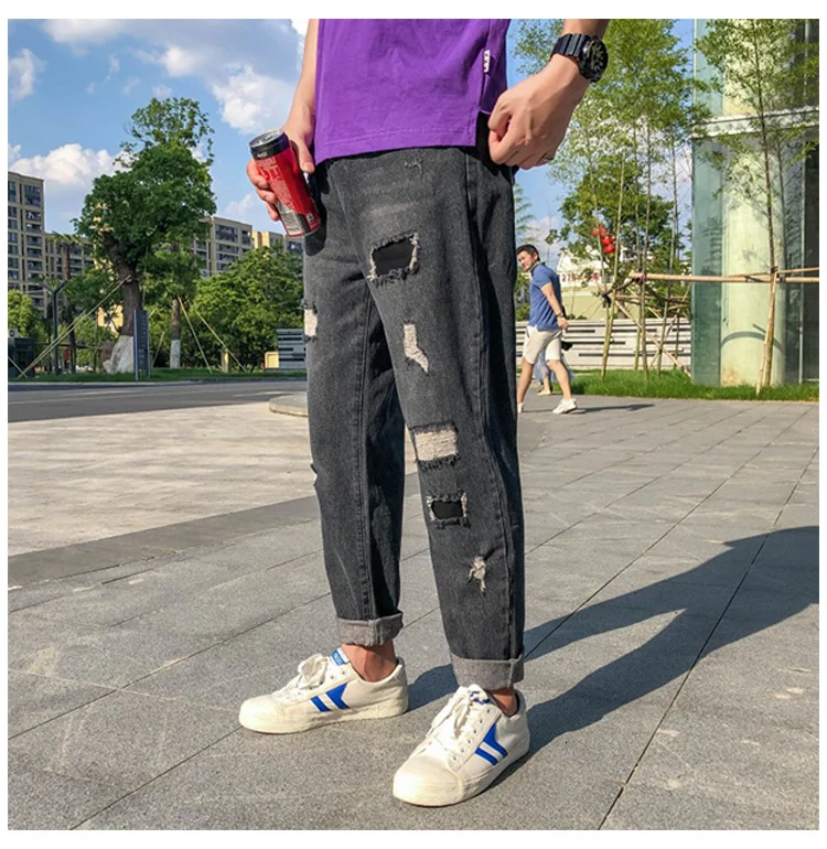 Autumn And Winter New Loose Retro Patch Hole No Elastic Waist Jeans Fashion Casual Trousers Black / Sky Blue M-2XL