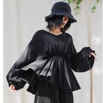 

LANMREM can ship High Waist Lantern long Sleeve black Shirt for Woman Loose Personality v collar Chiffon tops 2020 spring YH985