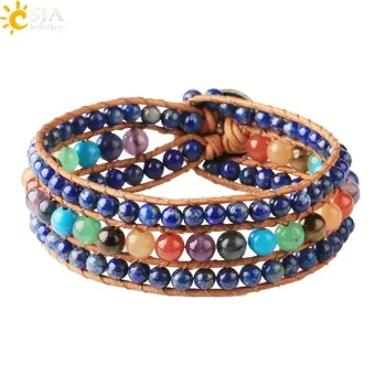 

CSJA 7 Chakra Bracelet Healing Balance Beads Natural Stone Green Aventurine Purple Crystal Leather Wrap Bracelets Jewelry S639