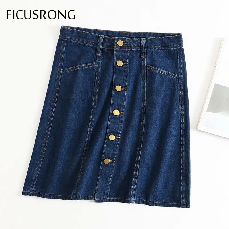 FICUSRONG Women Single-Breasted Jeans Skirts 2020 Summer Female Streetwear Cotton Knee-Length Natural Straight Solid Denim Skirt | Женская