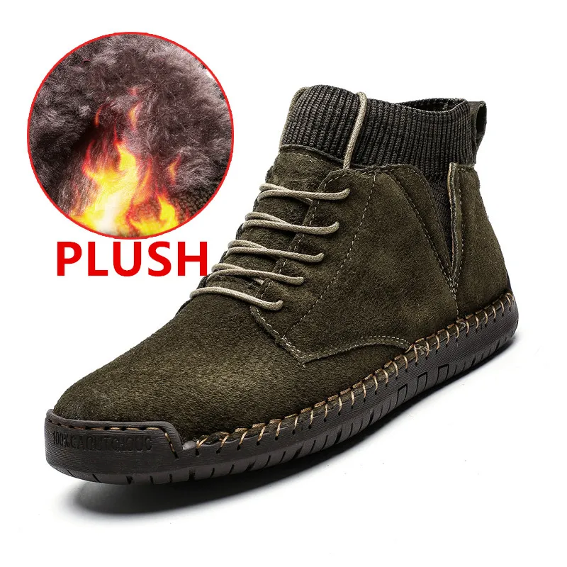 New Winter High Quality Men Boots Warm Plush Snow Boots Leather Work Shoes Men's Fashion Footwear Rubber Ankle Boots Size 38-48 - Цвет: Plush Army Green