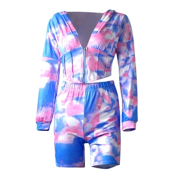 

Tie Dye Print Women Two Pieces Sets Summer Tracksuits Tops+Shorts Leggings Suit Hooded Fitness Night Outfits 2 Pcs
