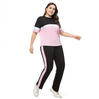 

2020 New Plus Size 6XL Women 2 Piece Set Short Sleeve Patchwork Tracksuit Suit Female Fashion Casual Sportwear Jogging Suits