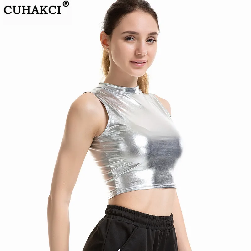 

CUHAKCI Punk Crop Sexy Slim Crop Tank Top Leather Sleeveless Vest High Street Tanks Tank Top XXL Short Tops Women Gold Fashion