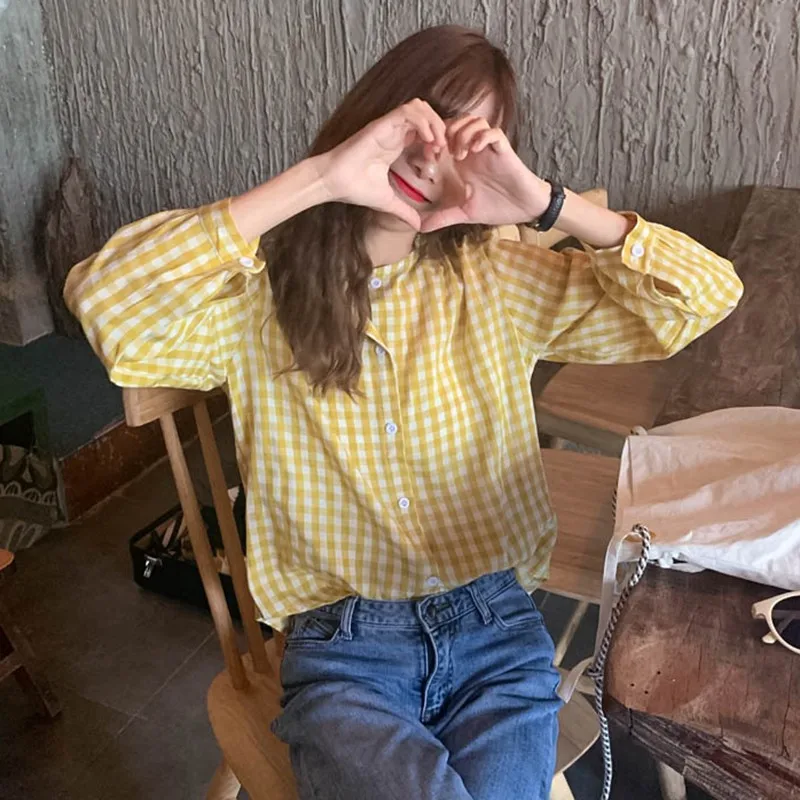 Yellow Модные женские клетчатые топы и блузки с длинным рукавом, милые рубашки для девушек с круглым вырезом, Свободные повседневные корейские рубашки Blusas femininas - Цвет: Yellow