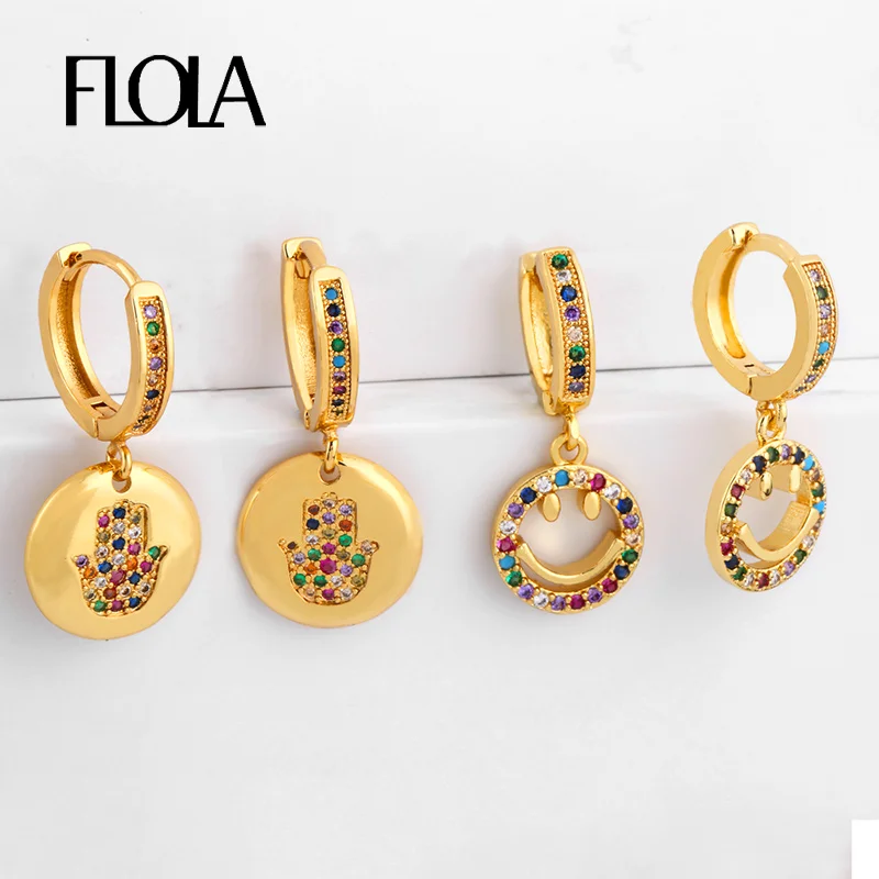 

FLOLA Rainbow Fatima Hand Earrings Gothic Smile Face Zircon Huggies 24K Gold aretes de mano fatima Anti Allergic Earrings ersr02