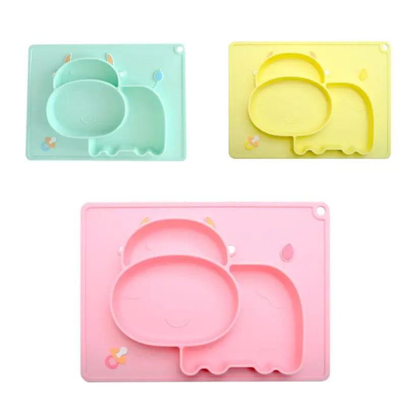 Cartoon Cow Anti Slip Silicone Food Plate Bowl Babies Toddlers Kids Feeding Tray Non-odor Easy Cleaning Household Accessory