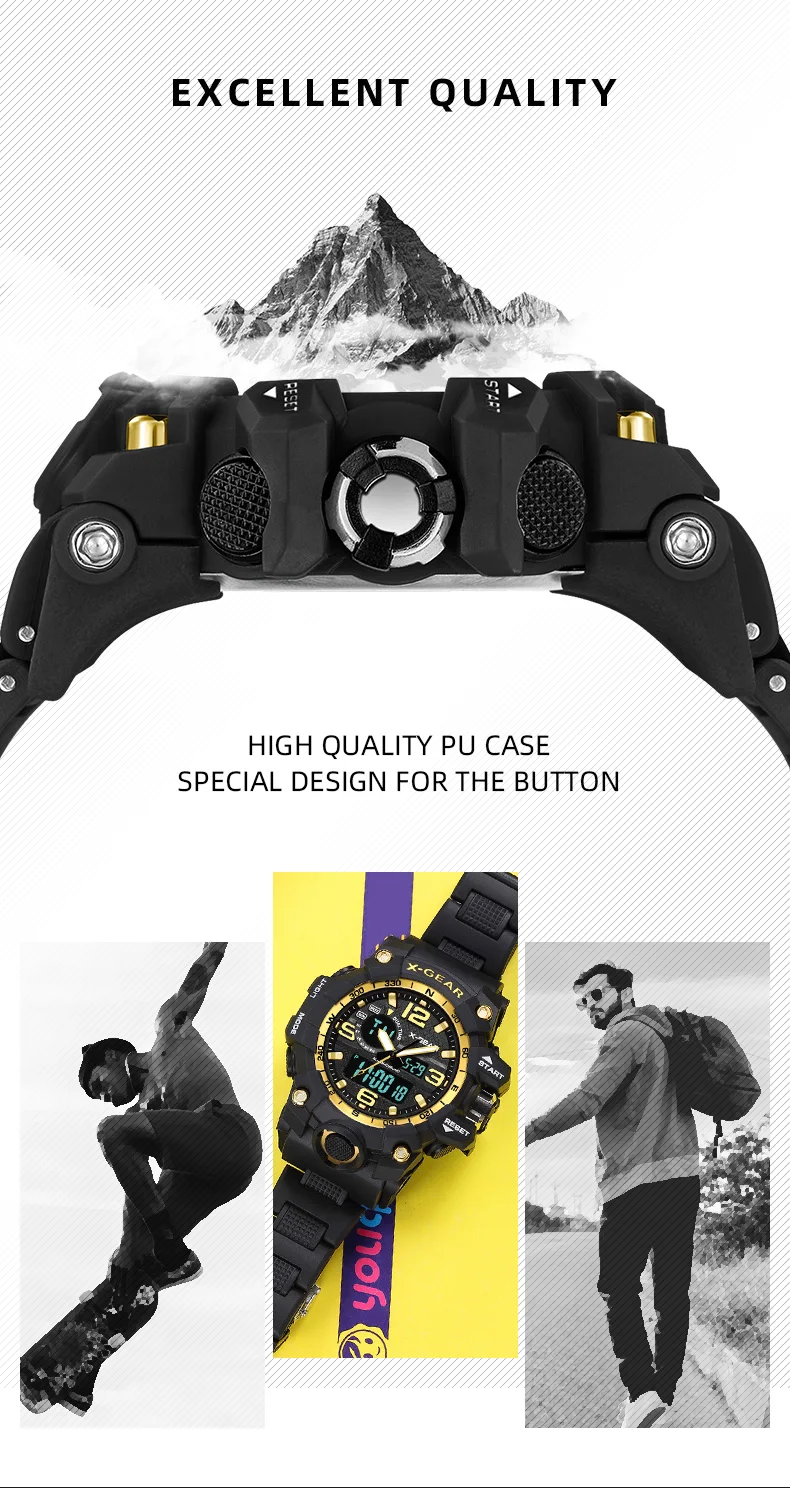 X-GEAR, Брендовые мужские модные водонепроницаемые аналоговые кварцевые часы с секундомером, мужские спортивные часы, повседневные цифровые часы, мужские часы