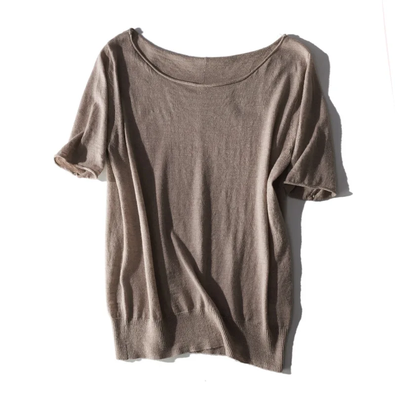 

Short Sleeve Scoop Neck Wool Linen Sweater Light Weight Knitted Top Summer