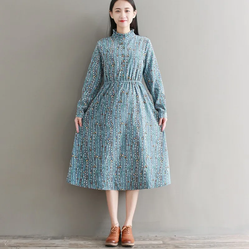 

Spring Autumn Women's Fresh Dress 2019 Female Button Cotton-Line printing lapel Collar College Sweet Striped Pure Girls Dress