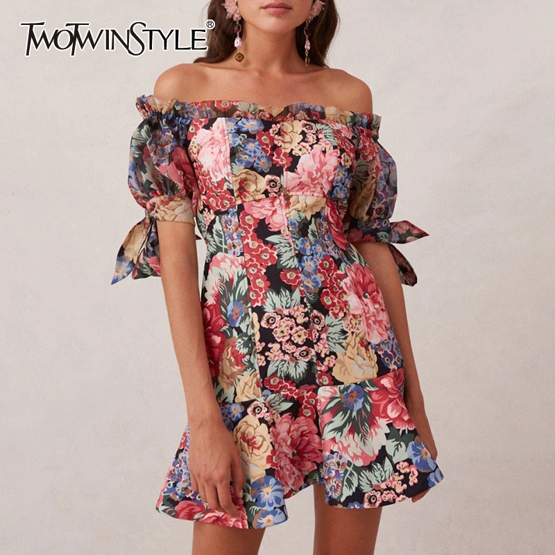 TWOTWINSTYLE Vintage Print Dress For Women Slash Neck Puff Short Sleeve High Waist Mini Dresses Female 2020 Summer Fashion New TWOTWINSTYLE Vintage Print Dress For Women Slash Neck Puff Short Sleeve High Waist Mini Dresses Female 2020 Summer Fashion New