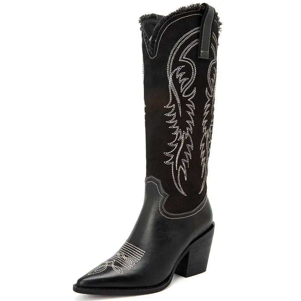 SARAIRIS/ из натуральной кожи и джинсовые ковбойские сапоги Вестерн женская обувь; модная обувь для отдыха женская обувь Для женщин - Цвет: Черный