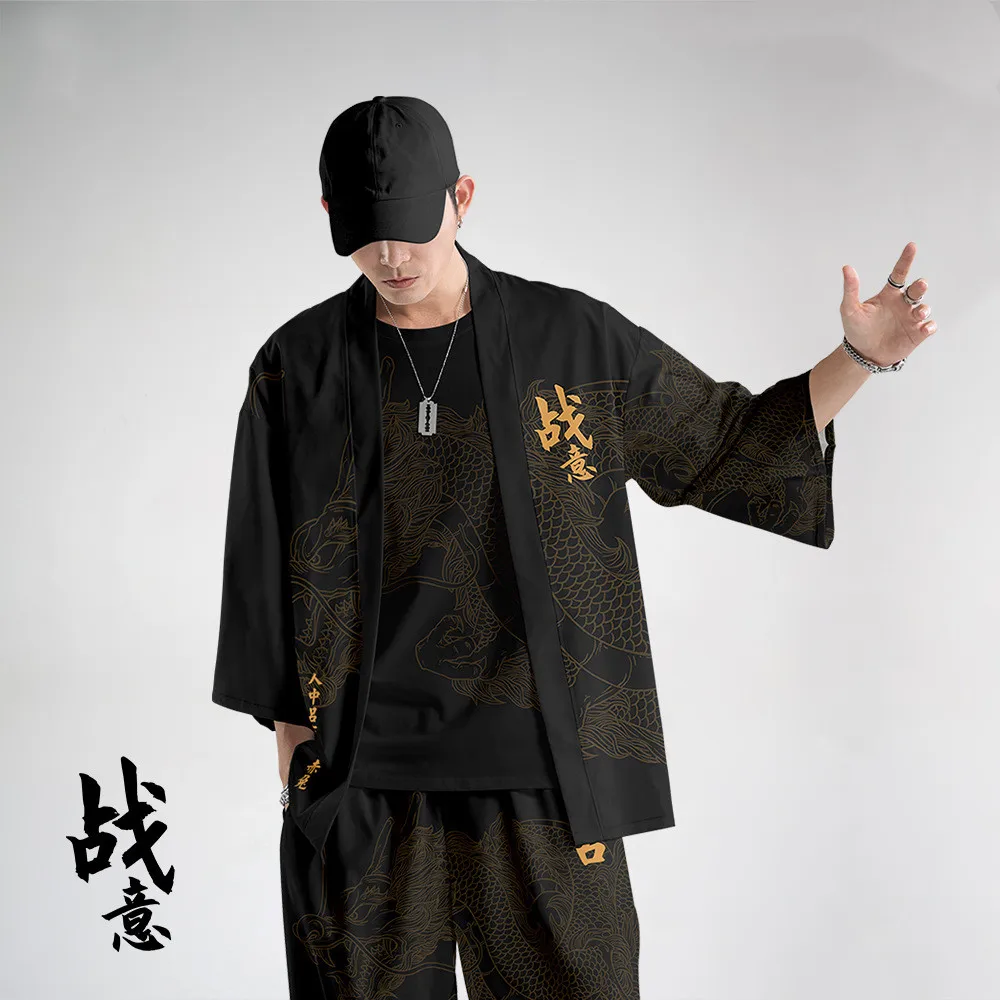 Japanese Style Vintage Kimono Haori Pants Set Men Traditional Harajuku Streetwear Samurai Cardigan Costume Yukata