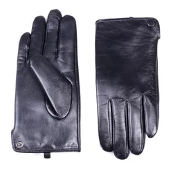 Men's Winter Warm Real Leather Classical Wrist Button Snap-fastener Black Touch Screen Casual Driving Short Gloves