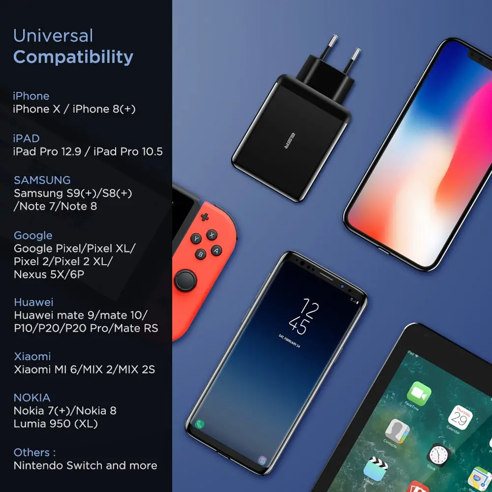 Зарядное устройство ESR с двумя портами USB C 30 Вт сетевое зарядное со складной