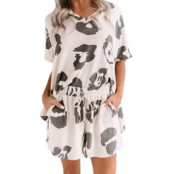 

Women Summer Pajamas Set Short Sleeve Tie-Dye Leopard Sleepwear Loose Loungewear L4ME