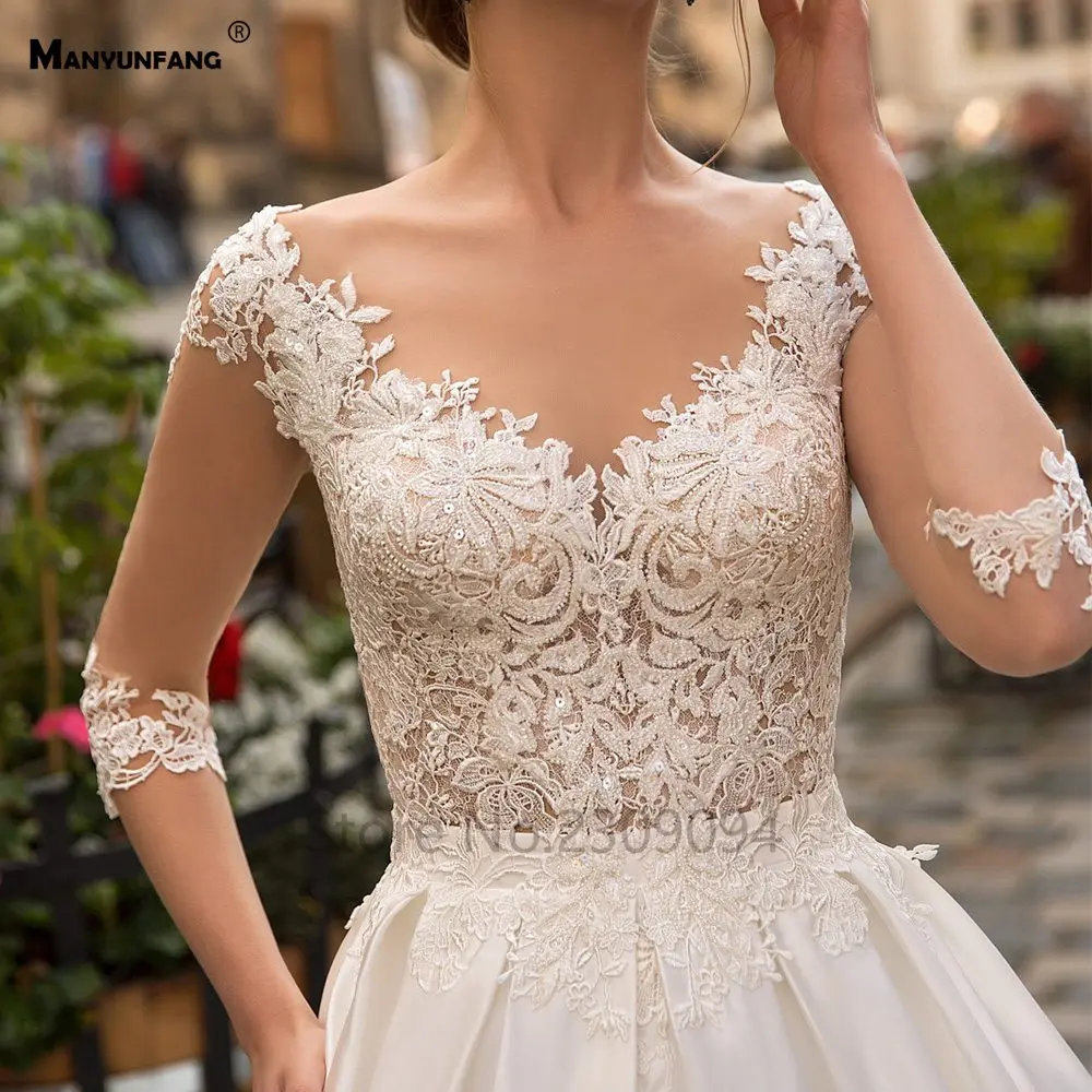 MANYUNFANG Иллюзия Половина рукава атласная юбка Brautkleid невесты пляжное платье высокое качество вышивка кружева для женщин Свадебные платья