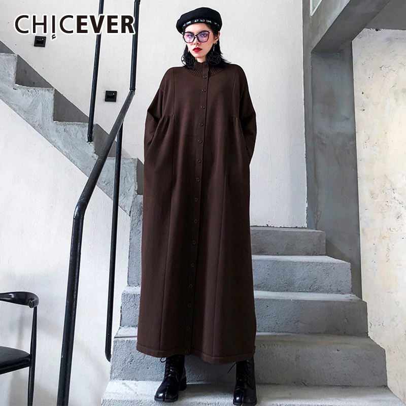 CHICEVER корейское вязаное платье для женщин Водолазка с длинным рукавом Свободные Большие макси платья женские Весенняя мода новая одежда