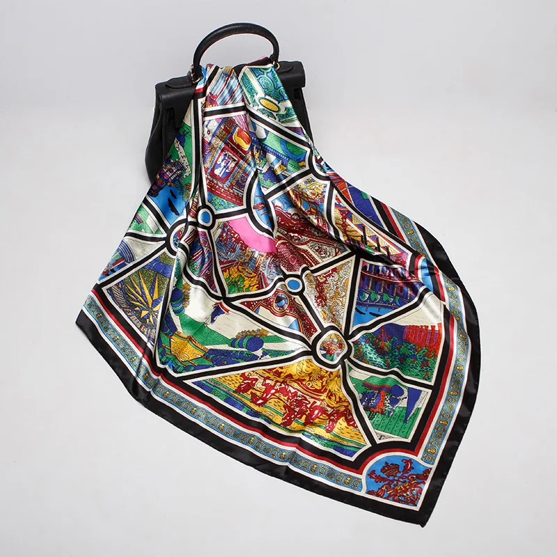 Новинка черный шелковый шарф с принтом в стиле ретро женский платок из мягкого