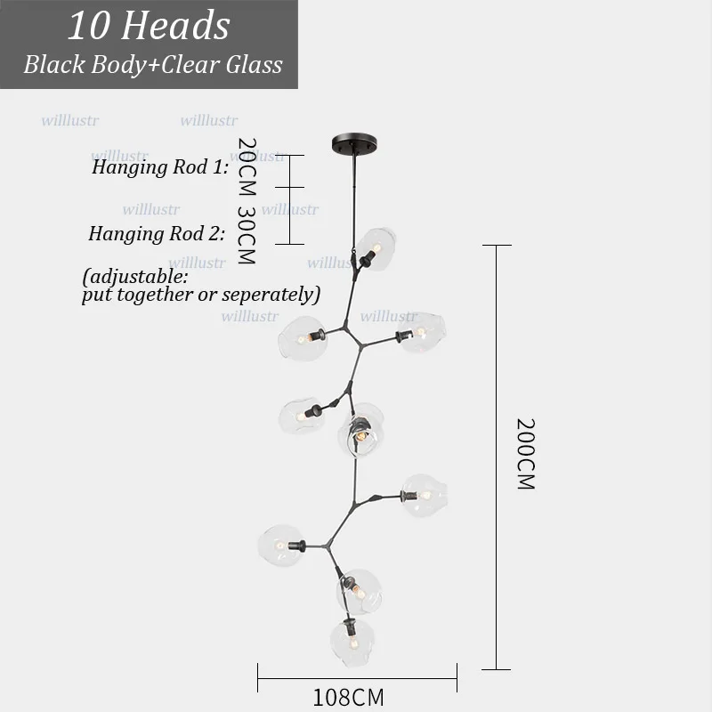 10 Heads Black-Clear Творческий Стекло подвесной светильник утюг с регулируемой Форма отель Холл кафе Mall Lounge Обеденная Спальня Nordic Висячие Подвеска Свет - Цвет корпуса: 10 Heads Black-Clear