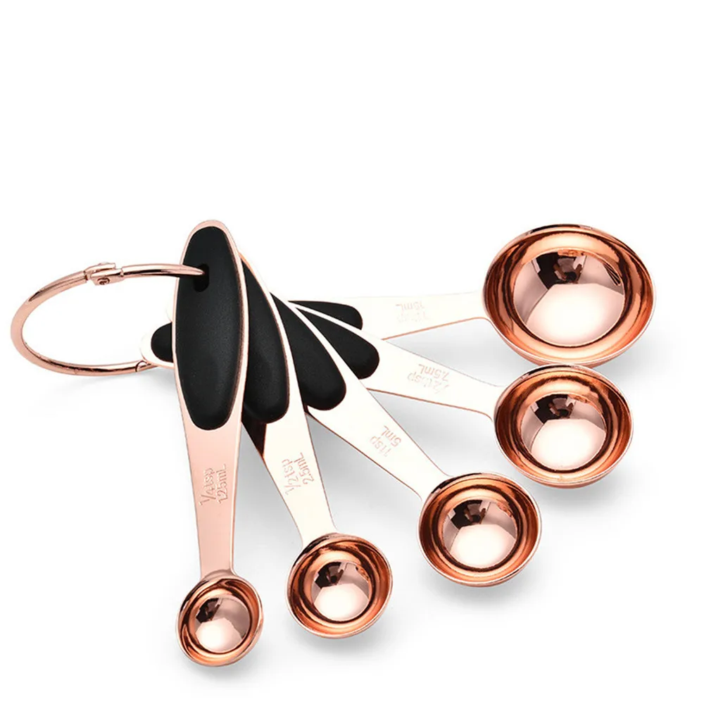 

5PCS Kitchen Stainless Steel Measuring Spoon Coffee Beans Cake Powder Spoon Handle Baking Tool Rose Gold Kitchen Accessories Set