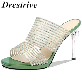 

Drestrive Women Slippers Thin Heels 9.5 cm Platform Crystal 2020 Summer Sexy Sandals Female High Heel Shoes Green Outside