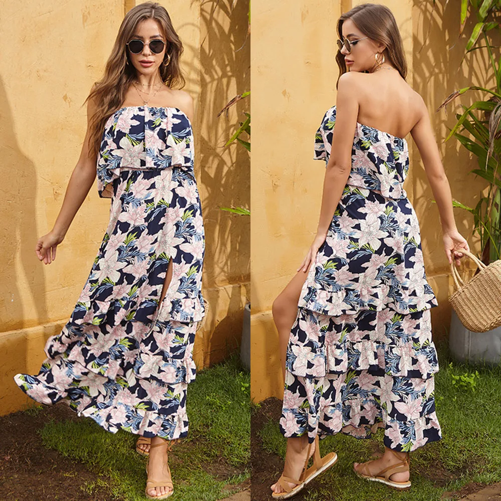 

Wrapped Off-Shoulder Chiffon Sexy Split Print Dress Female Slim Waist Ruffle Long Dresses Summer Womnen Sleeveless Maxi Dress