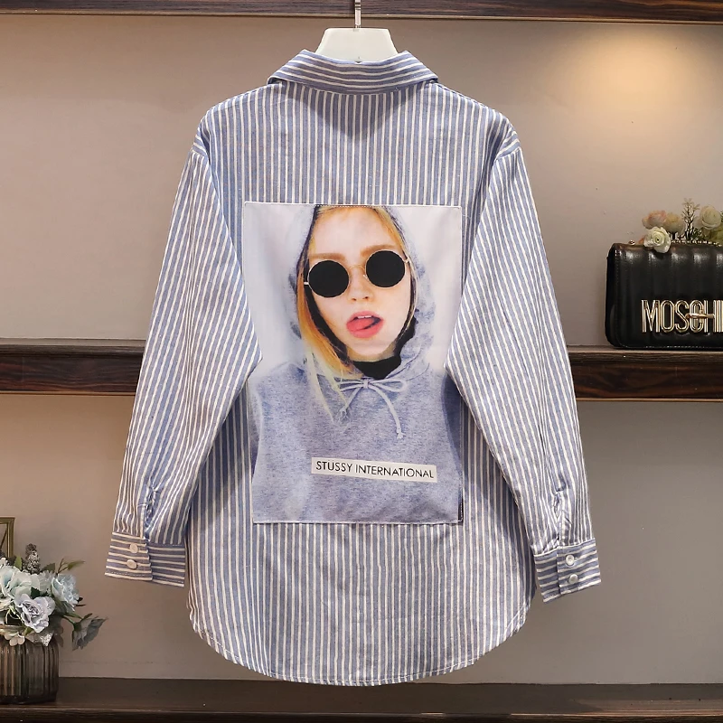 

XL-5XL Plus Size Women Striped Shirts Autumn 2019 Fashion Back with Print Patch Long Sleeve Tops Loose Casual Ladies Blouses