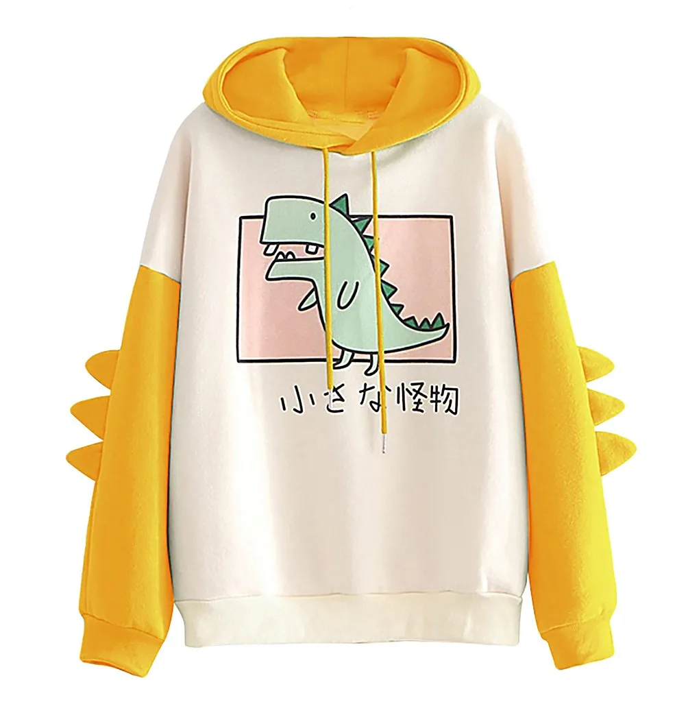 Jaycosin Fashion Autumn Casual Female Loose Cartoon Splice Dinosaur Hoodies Sweatshirt Long Sleeve Comfortable Pullover 1129#4