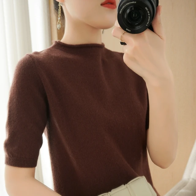 New women's cashmere sweater short sleeve Pullover short sleeve summer wool T-shirt short sleeve coffee