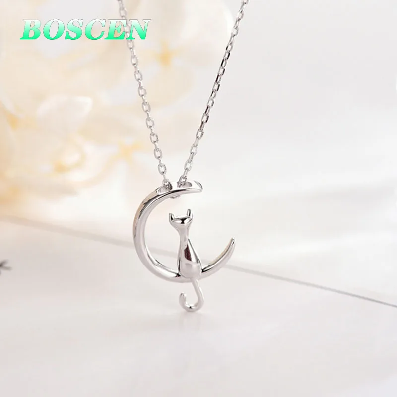 BOSCEN 925 пробы Серебряное ожерелье с подвеской для женщин маленькая девочка ребенок подарок на день рождения Луна Кошка милый
