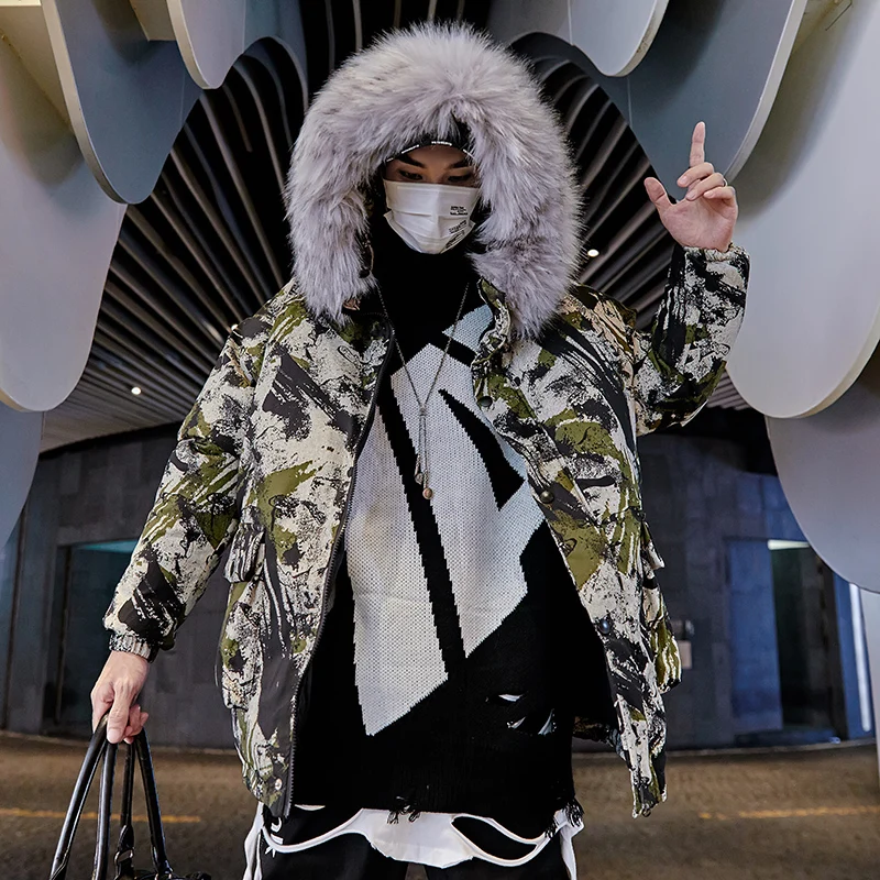green camo Зимние Модные мужские камуфляжные куртки больших размеров, меховые пальто в стиле хип-хоп, Мужская Уличная одежда нового дизайна в стиле хип-хоп - Цвет: green camo