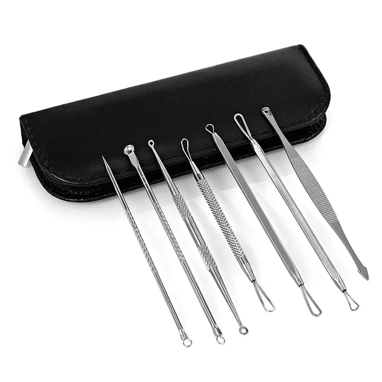 

Double Color Black And White Leather Bag Stainless Steel Acne Pin 7 Pieces Blackhead Acne Needle Trimming Beauty Tools Set