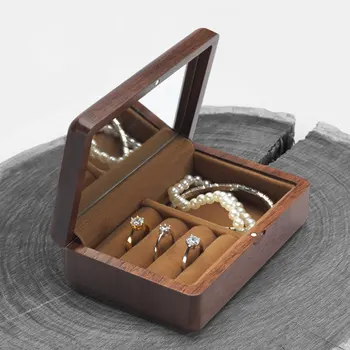 

Trinket Rings Earrings Necklace With Mirror Magnetic Buckle Wooden Jewelry Box Travel Portable Decorative Storage European Style