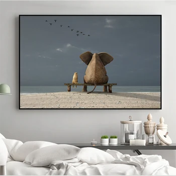 

MUTU Modern Nordic Sweet Elephant And Dog Sunset, Early Morning, Canvas Print Painting Poster Wall Picture For Living Room Home