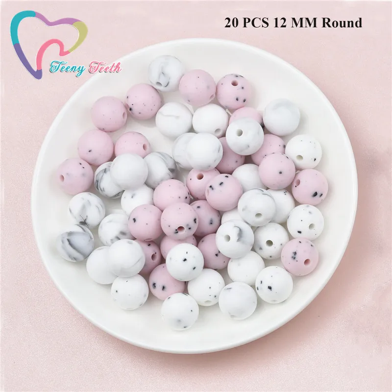 20 PCS 12 MM Round 10 шт мраморные и разноцветные шестигранные бусины 14-17 мм, силиконовые бусины для прорезывания зубов, Пищевая силиконовая бижутерия для детей, безопасные игрушки, бусины - Цвет: 20 PCS 12 MM Round