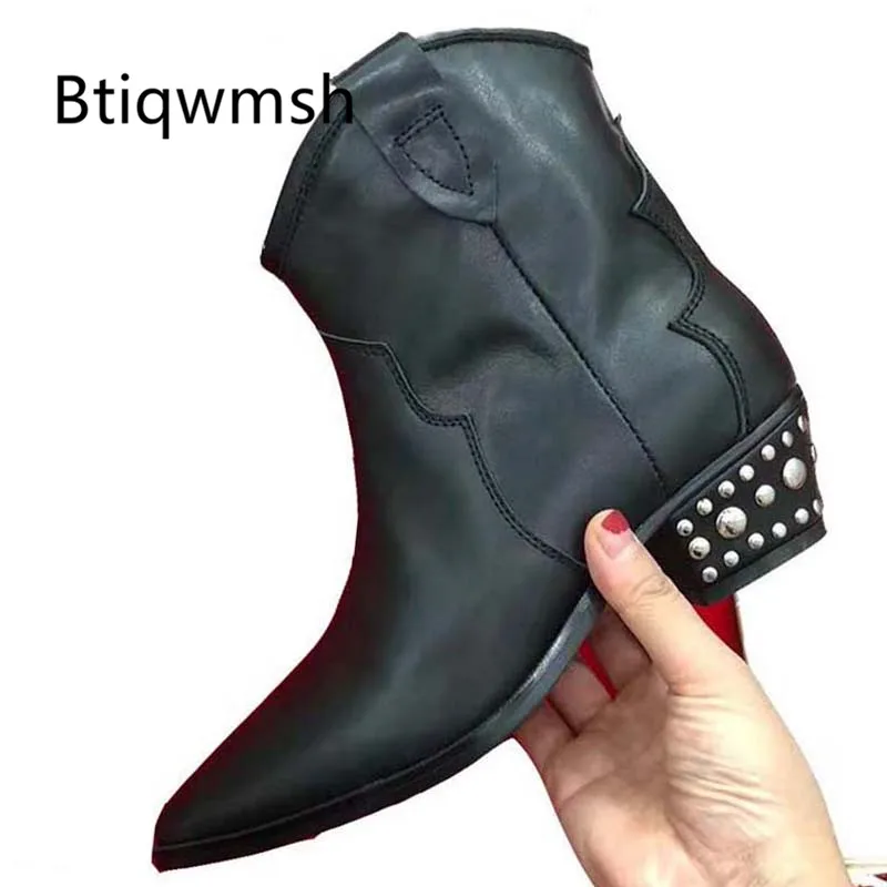

2019 Classic Design Black Real Leather Ankle Boots Women Point Toe Rivet Embroidery Heel Shoes Woman Fashion Martin Boots