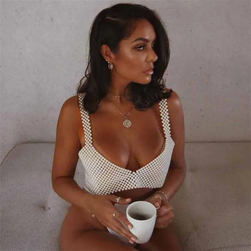 

Fashion Artificial Pearls Crop Tops Women Sexy Low Cut Backless Crop Top 2019 Summer Top Party Night Club Cropped Top