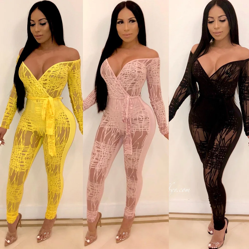 

Europe and the United States new women's sexy large V-neck off-the-shoulder jumpsuit personality line print straps jumpsuit