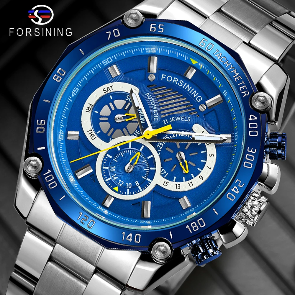 

Forsining 2019 New Blue Design Complete Calendar 3 Small Dial Silver Stainless Steel Automatic Mechanical Watches for Men Clock