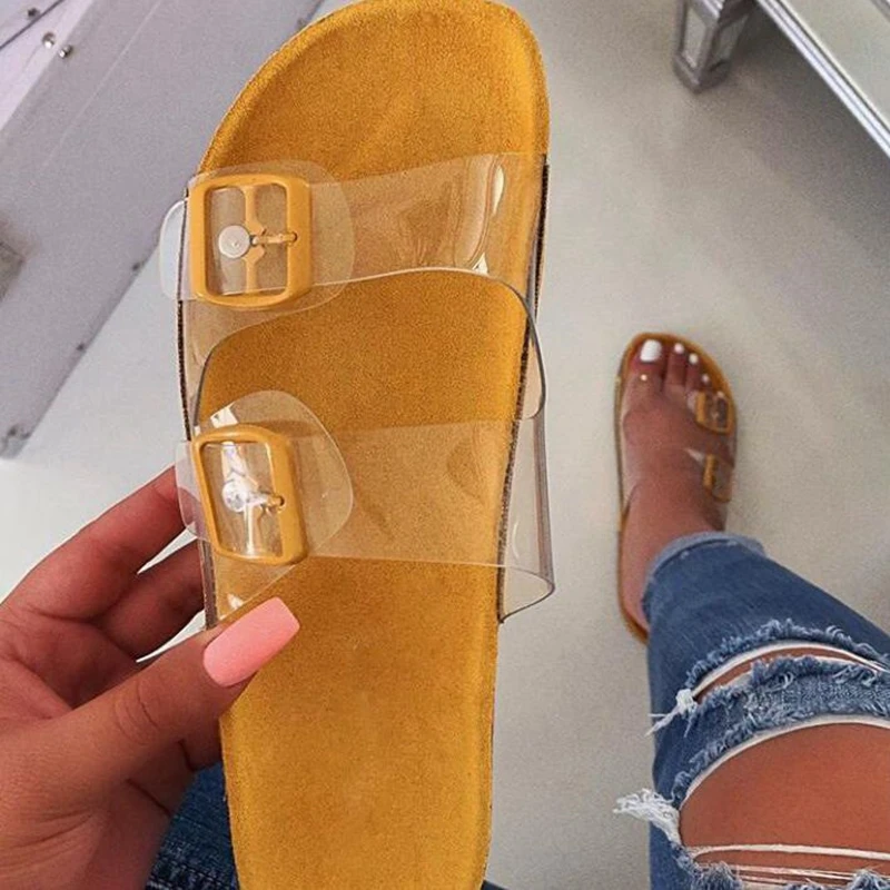 

WENYUJH Transparent Jelly Candy Color Female Beach Slippers Women Sexy Flat Sandals Soles Roman Style Women's Buckle Slippers