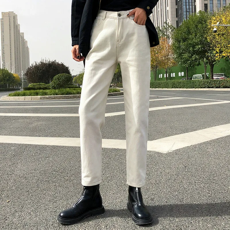 

Elastic wais plus size deniharem women's casual pants female mother Korean jeans fashion 2020 black beige blue jeans