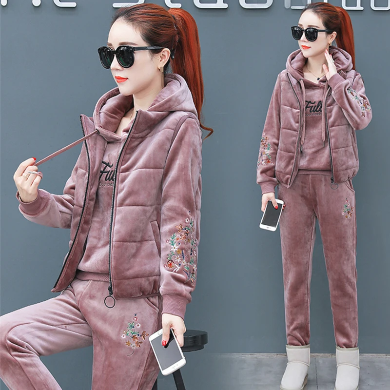 Утепленный женский костюм толстовка жилет штаны Повседневная теплая зимняя