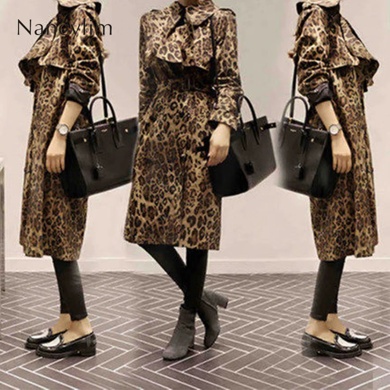 

Long Trench Coat Women European Style Autumn Double Row Buckle Leopard Print Windbreaker Femme Lady Chic Coat Windproof Trench