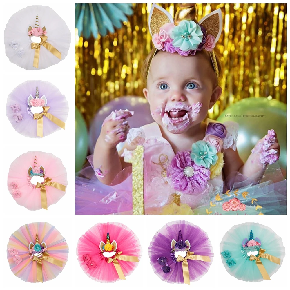 Nishine New Cute Tutu Dress with Unicorn Horn Headband Barefoot Sandels Set for 0~3 Years Newborn Kids Birthday Gift Photo Shoot |