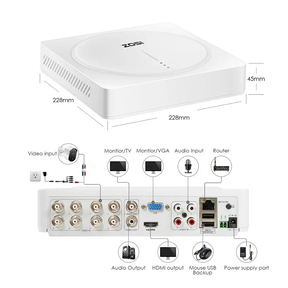 ZOSI 8CH 1080P DVR CCTV System with PIR sensor 4pcs 1080P 2.0MP Security Cameras IR outdoor IP66 Home Video Surveillance kit