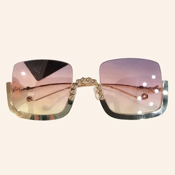 

Women Square Sunglasses Brand Designer UV400 Mirror Metal Half Frame Oversize Sun Glasses